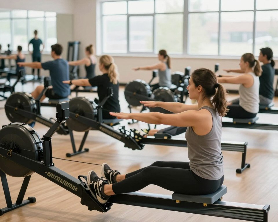 Exercices d’échauffement et d’étirement sur un rameur