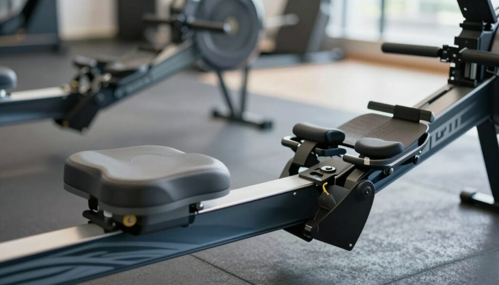 Gros plan détaillé des caractéristiques ergonomiques d’un rameur