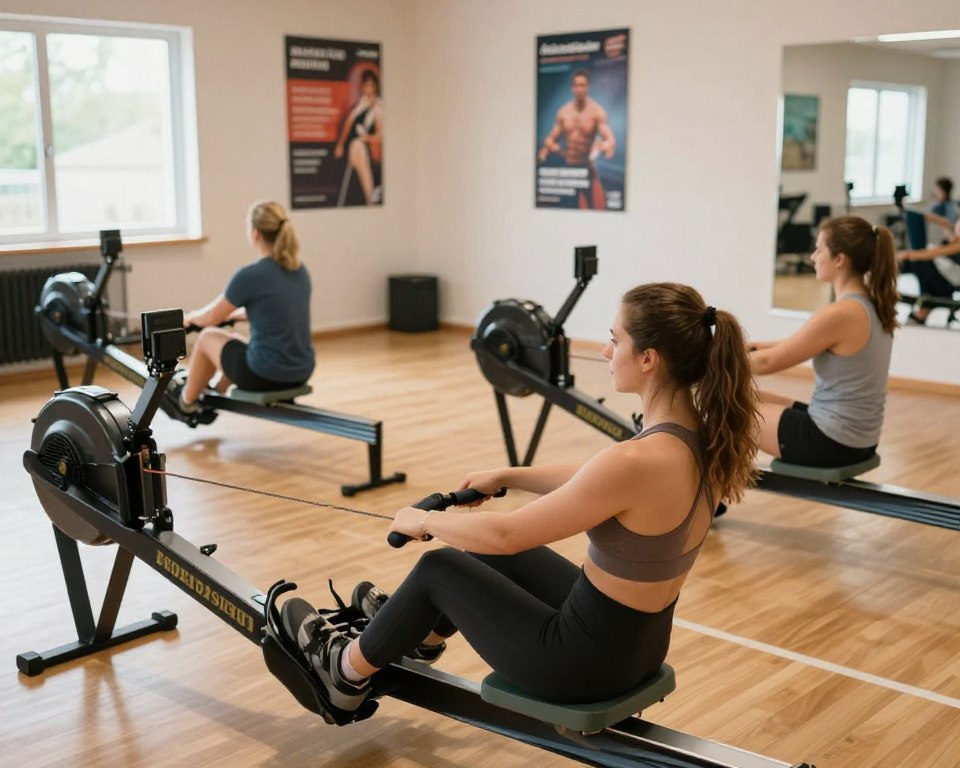 Groupe diversifié de quatre personnes pratiquant des techniques de rame sécurisées