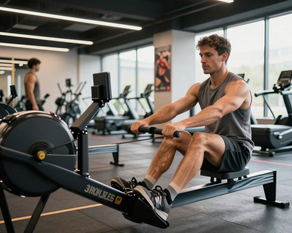 Un coach de fitness analysant l'engagement musculaire sur un rameur dans un environnement de salle de sport moderne Un coach de fitness analysant l'engagement musculaire sur un rameur dans un environnement de salle de sport moderne