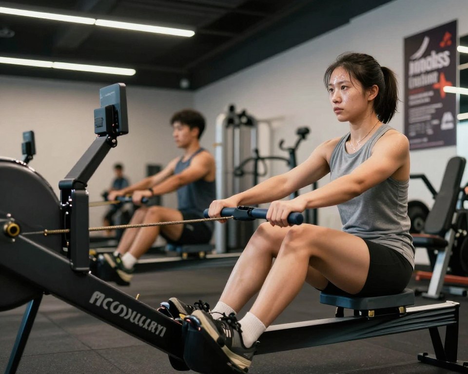 Un débutant déterminé utilisant un rameur