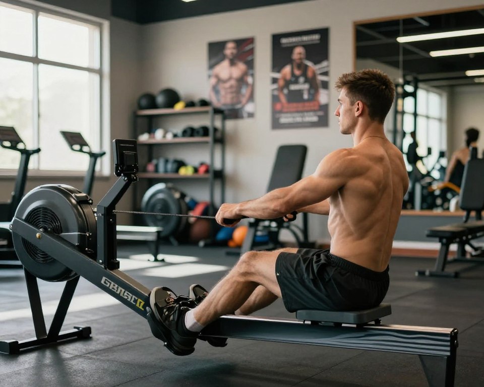Un entraîneur de fitness démontrant la technique de rame correcte sur un rameur. Un entraîneur de fitness démontrant la technique de rame correcte sur un rameur.