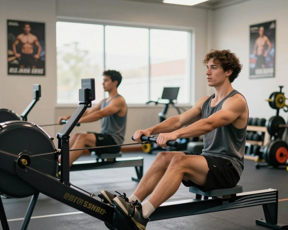 Un expert en fitness démontrant la technique correcte du rameur Un expert en fitness démontrant la technique correcte du rameur