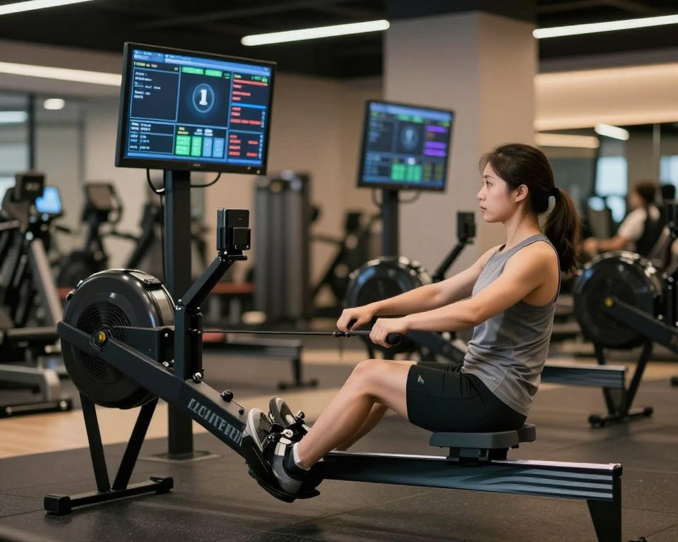Un gym moderne intérieur mettant en avant un rameur high-tech au centre.