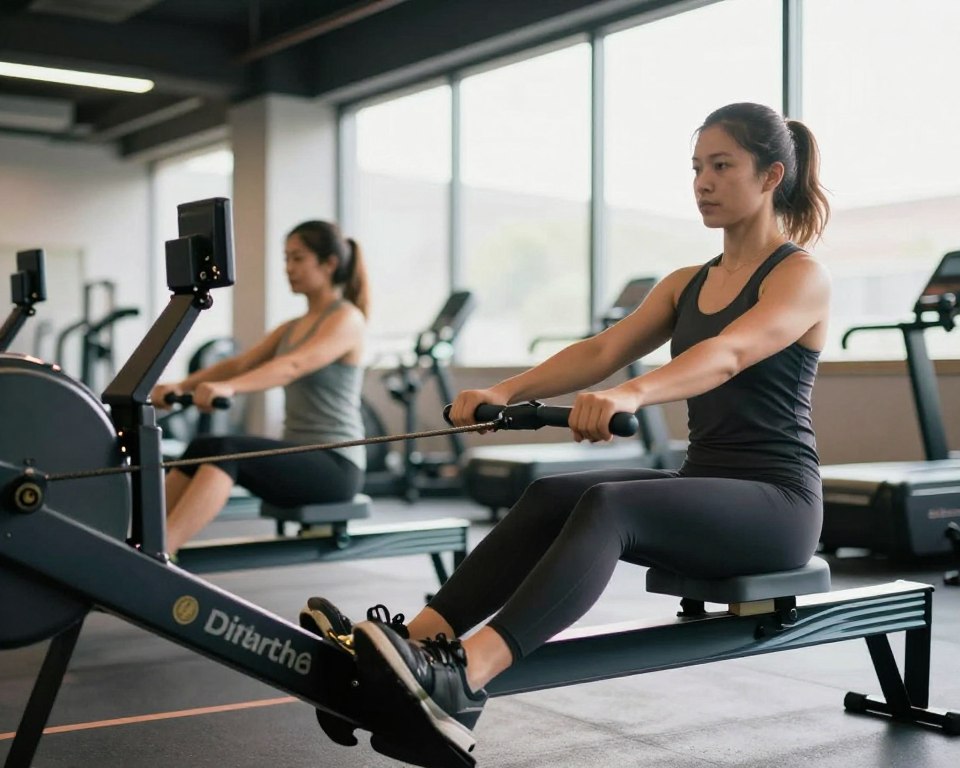 Un instructeur de fitness démontrant la technique correcte sur un rameur indoor, en mettant l’accent sur un rythme et une cadence réguliers.