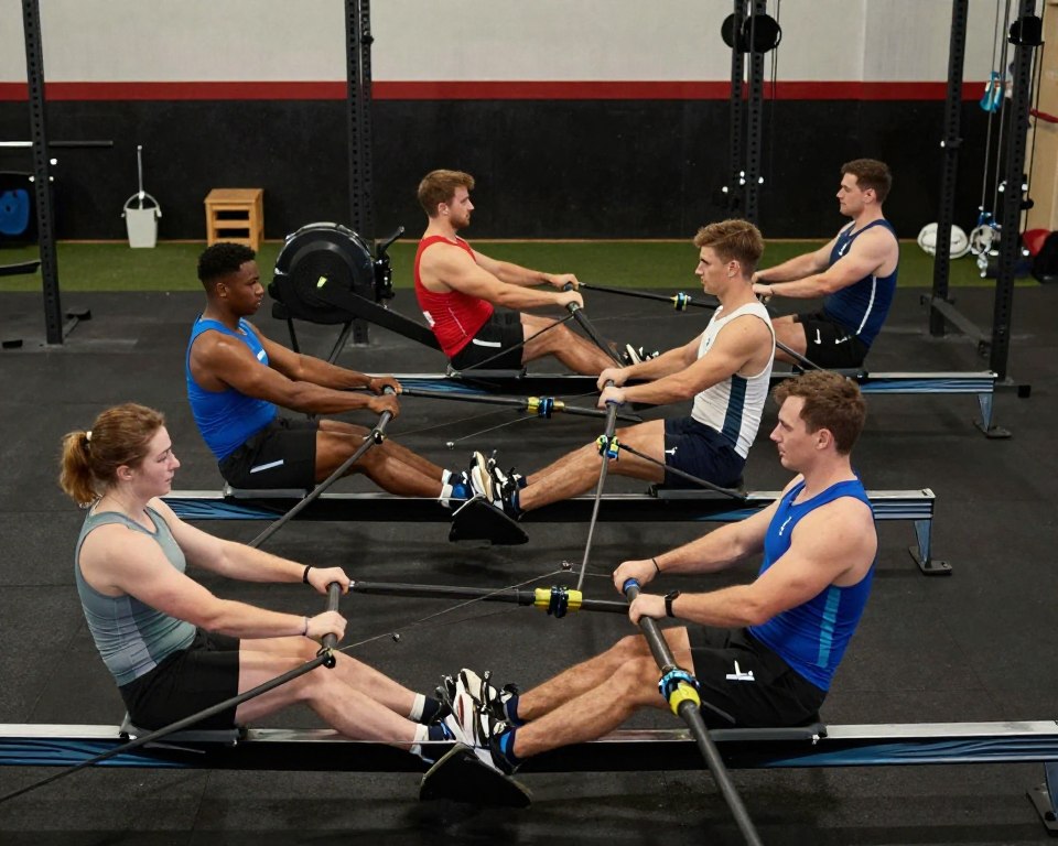 Une représentation détaillée des phases du mouvement sur rameur, illustrant quatre positions distinctes : le catch, le drive, le finish et la récupération.