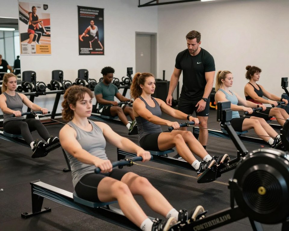 Une scène de fitness concentrée présentant un groupe diversifié de personnes, chacune démontrant la technique correcte sur un rameur dans une salle de sport bien éclairée. Au premier plan, une personne tire la poignée avec une posture parfaite, mettant en avant l’alignement du dos et l’engagement des abdominaux.